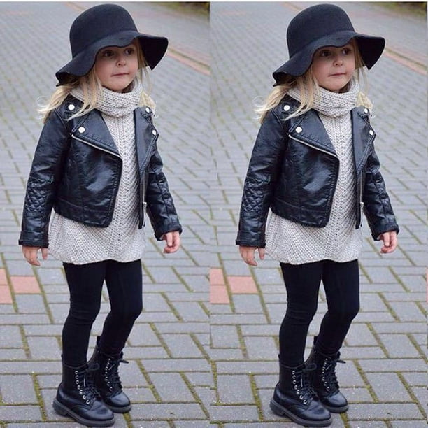 Cool Kids Warm PU Leather Jacket Fleece-lined Biker Black Outerwear Coat Outwear